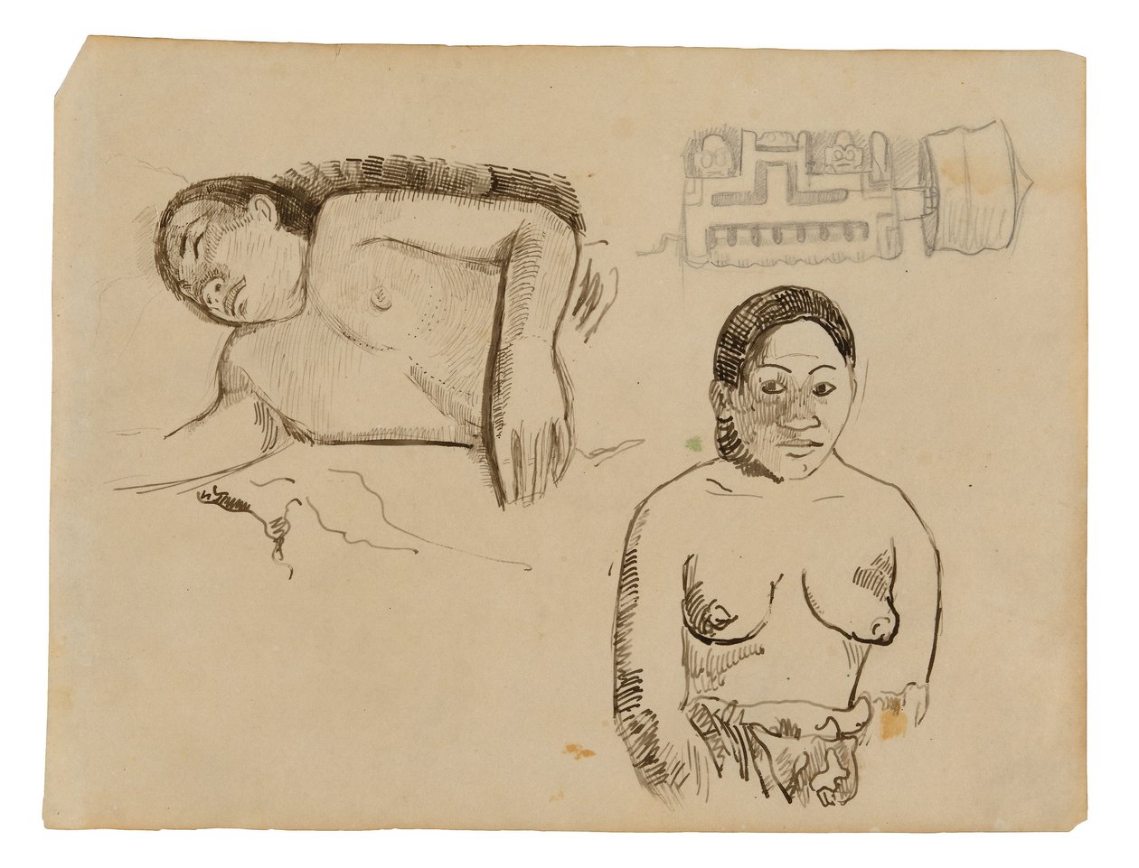 Två tahitiska kvinnor och en öronpropp från Marquesan av Paul Gauguin