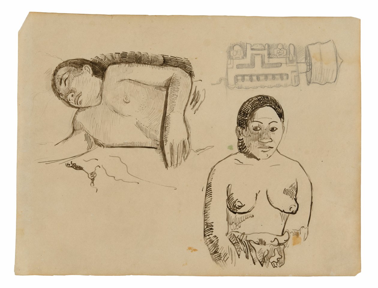 Två tahitiska kvinnor och en öronpropp från Marquesa av Paul Gauguin