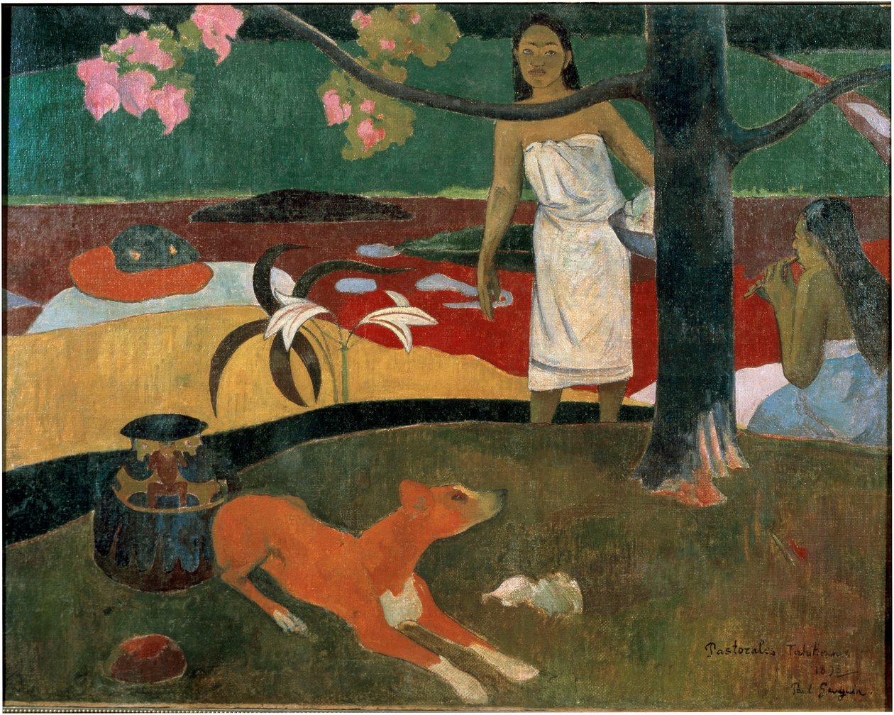 Två tahitiska kvinnor och en hund. (Tahitisk pastoral). Målning av Paul Gauguin (1848-1903) av Paul Gauguin