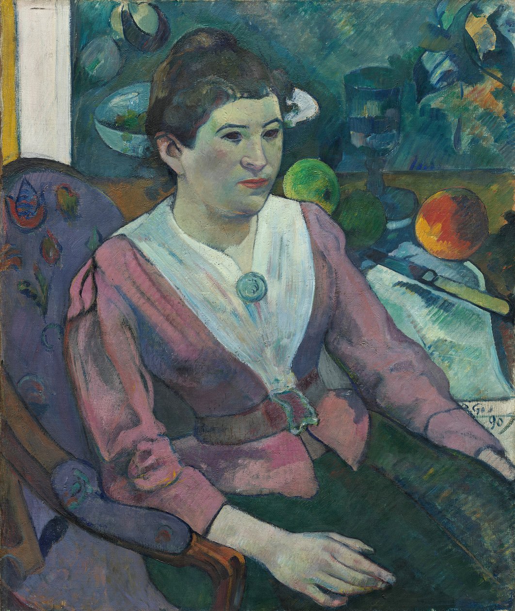 Kvinna framför ett stilleben av Cézanne, 1890. av Paul Gauguin