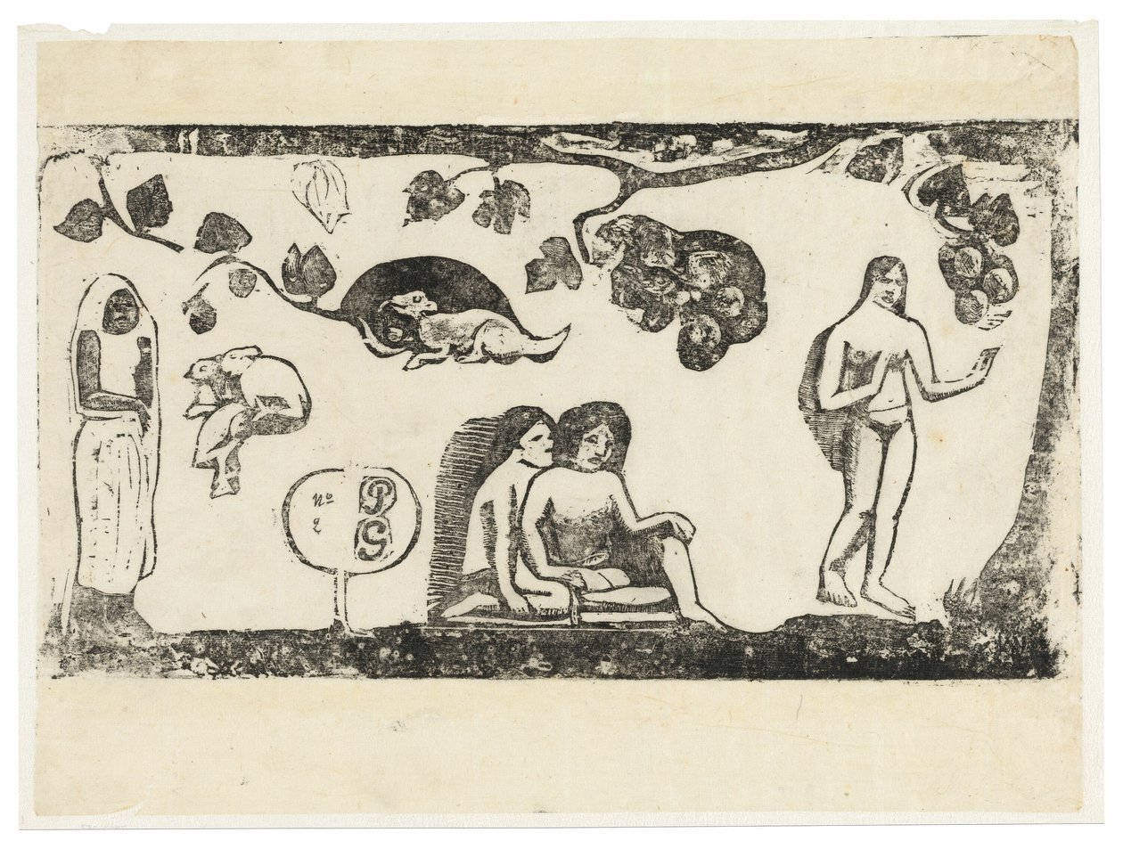 Kvinnor, djur och lövverk, från Suite of Late Wood-block Prints av Paul Gauguin
