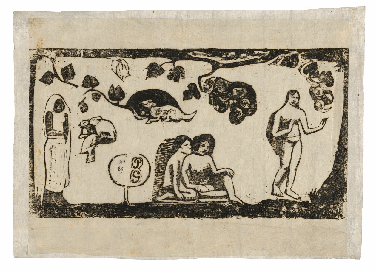 Kvinnor, djur och lövverk, från sviten med sena träblocksgrafiker av Paul Gauguin