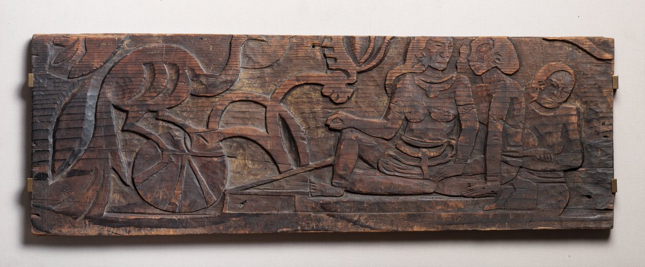 Kvinnor med en påfågel, lättnad av Paul Gauguin