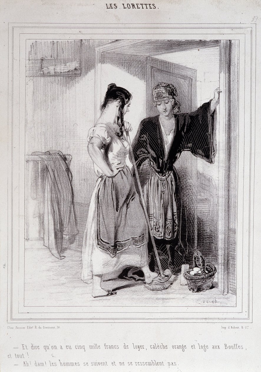 2 stackars kvinnor i samtal på trappan om män, "Les Lorettes", Gavarni, ca. 1840. av Paul Gavarni