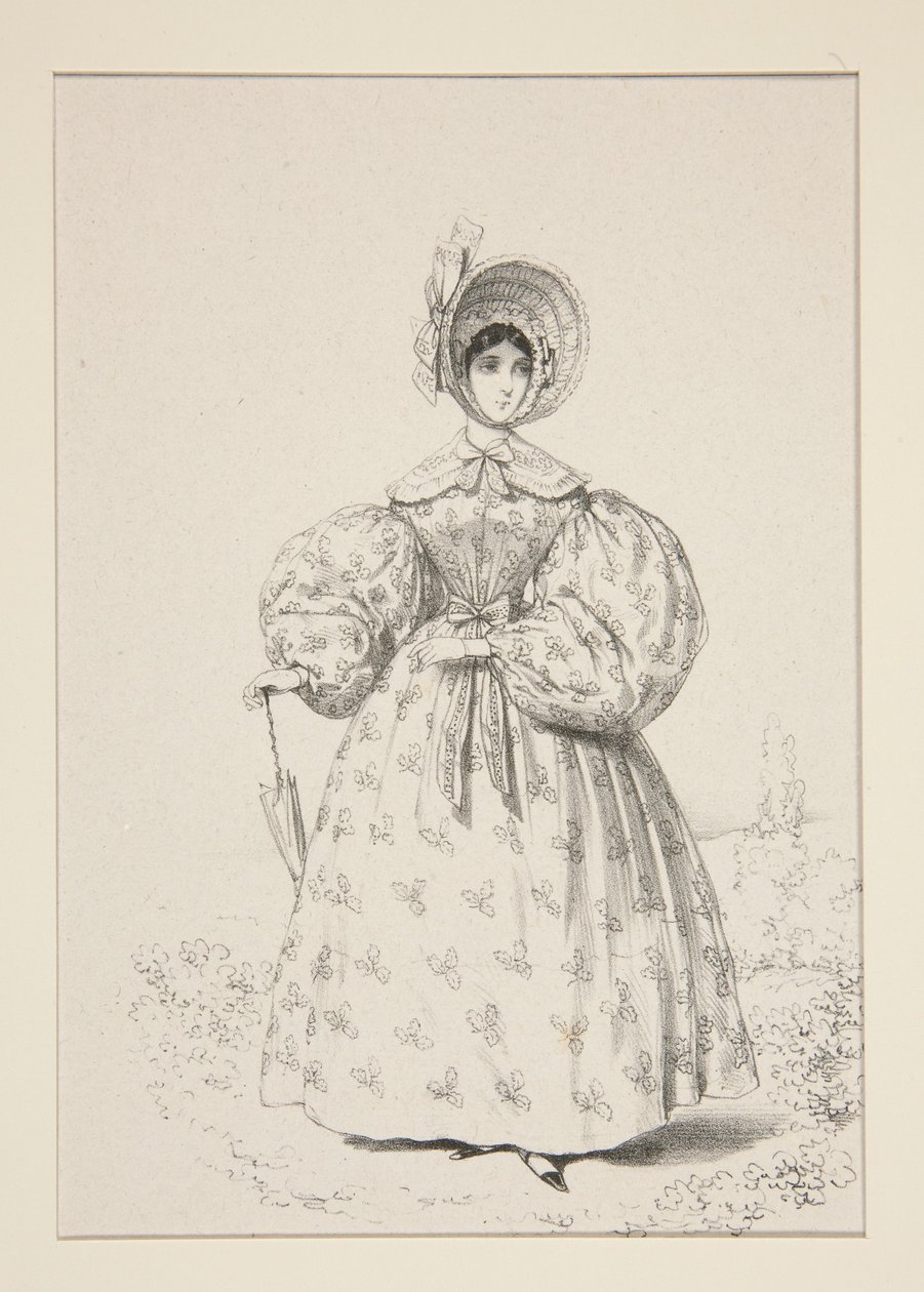 På promenaden. Maj 1835. Klänning av engelsk muslin, ... av Paul Gavarni