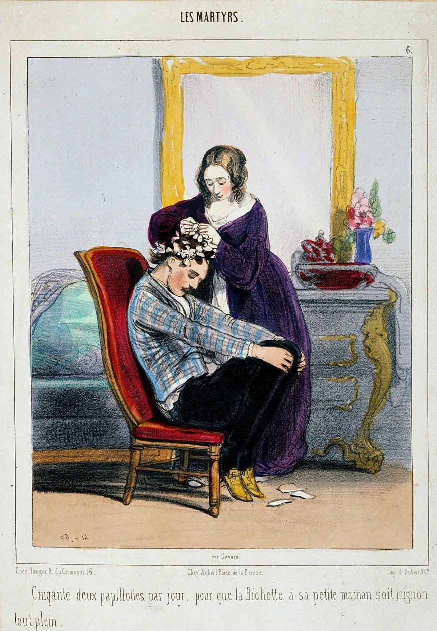 En mamma sätter papiljotter på sin son. Tecknad av Paul Gavarni (1804-1866) 1800-talets Paris, dekorativ konst av Paul Gavarni