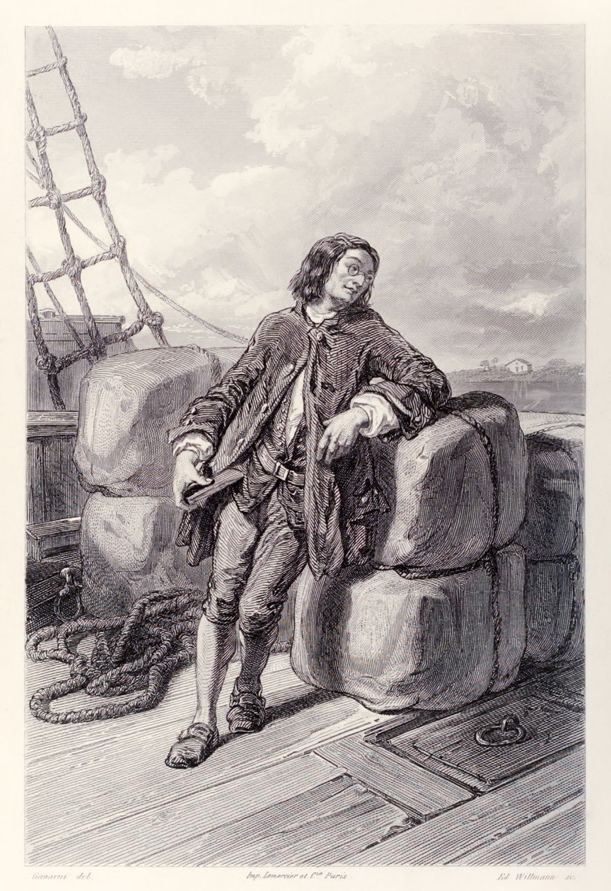 Kapten Lemuel Gulliver till sjöss på sitt handelsfartyg, från French Edition av Gullivers Travels av Jonathan Swift av Paul Gavarni