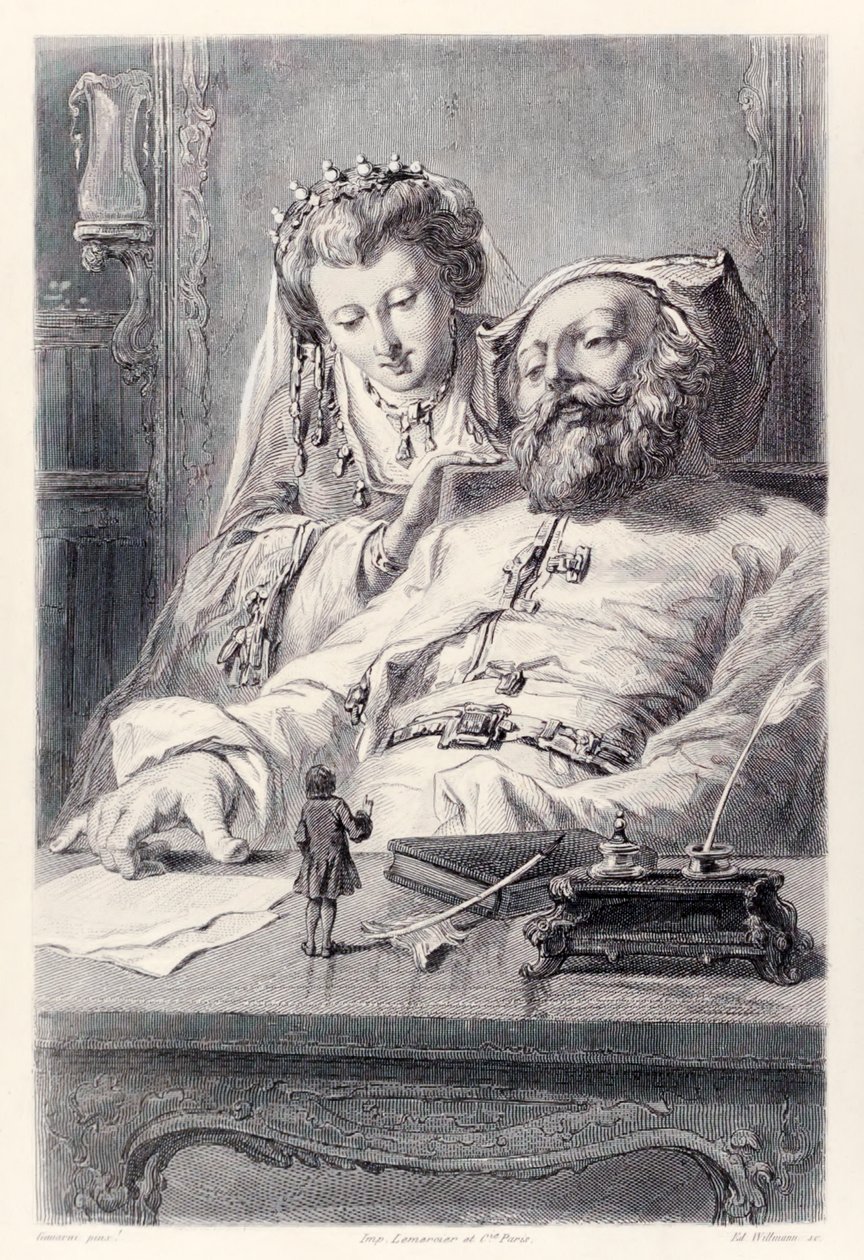 Frontispice från den franska utgåvan av Gullivers Travels av Jonathan SwiftJag svarade korrekt på Kings frågor Gulliver and the King and Queen of Brobdingnag. av Paul Gavarni
