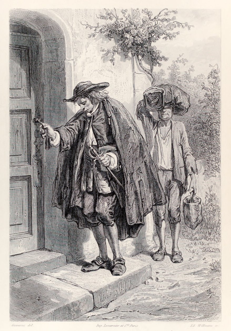 Gulliver kommer hem klockan tre på eftermiddagen och går in i huset, från French Edition av Gullivers Travels av Jonathan Swift av Paul Gavarni