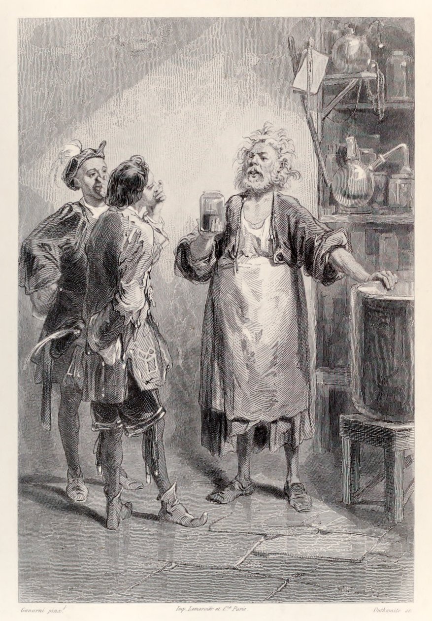 Gulliver går in i ett rum i den stora akademin i Lagado fylld med en motbjudande lukt, från den franska utgåvan av Gullivers Travels av Jonathan Swift av Paul Gavarni