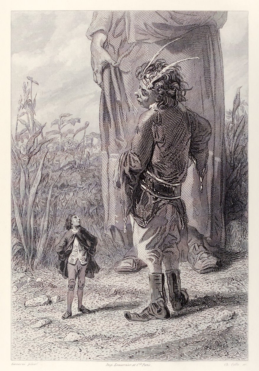 Gulliver möter Queens 30 fot långa dvärg som är glad över att ha någon i rätten som är mindre än honom att plåga, från den franska utgåvan av Gullivers Travels av Jonathan Swift av Paul Gavarni