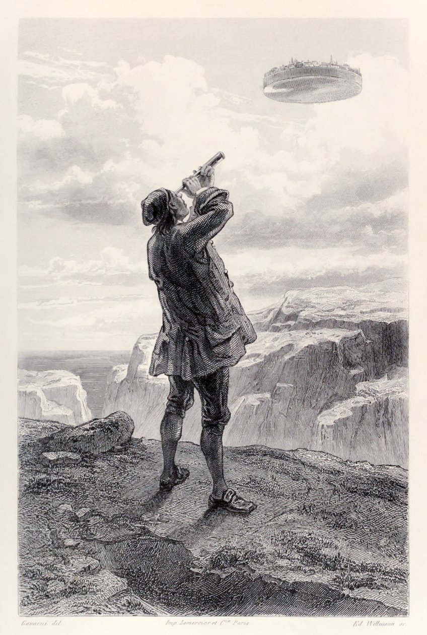 Gulliver ser den flygande ön Laputa för första gången och undersöker den genom sitt teleskop, från French Edition av Gullivers Travels av Jonathan Swift av Paul Gavarni