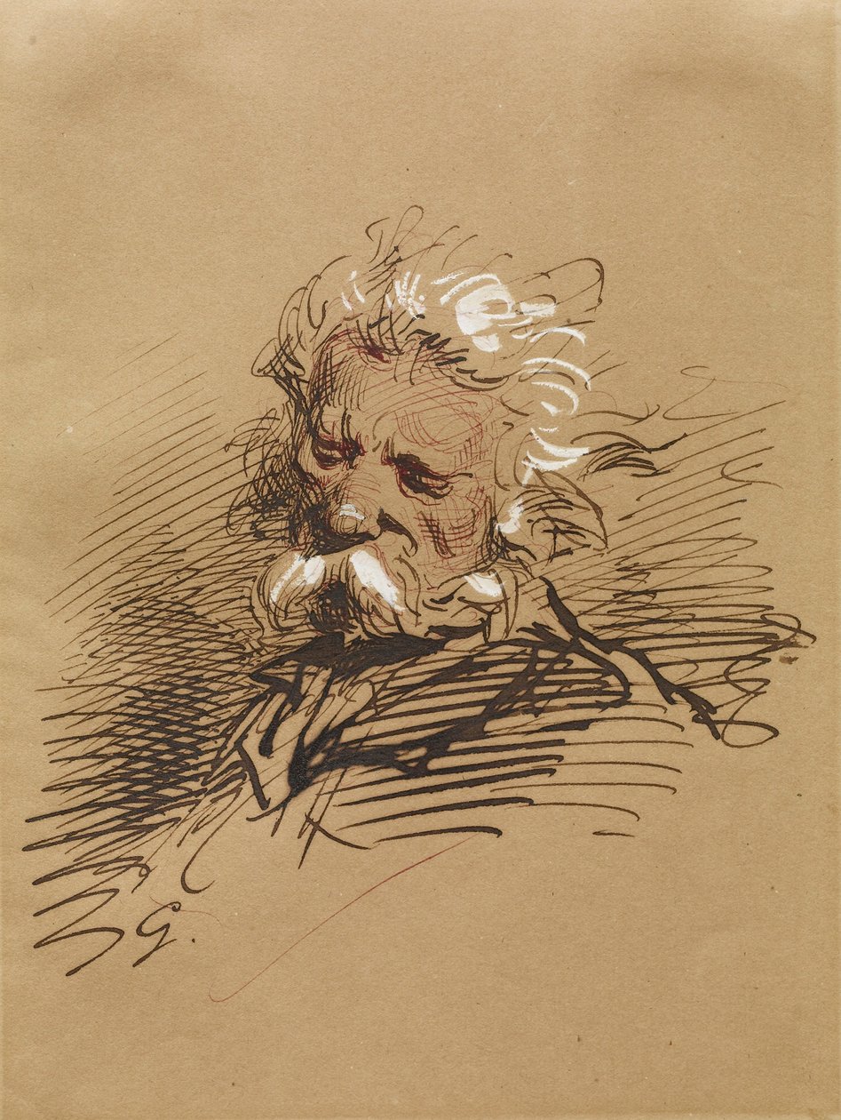 En gammal mans huvud, ca 1857 (bläck med vit förhöjd på papper) av Paul Gavarni