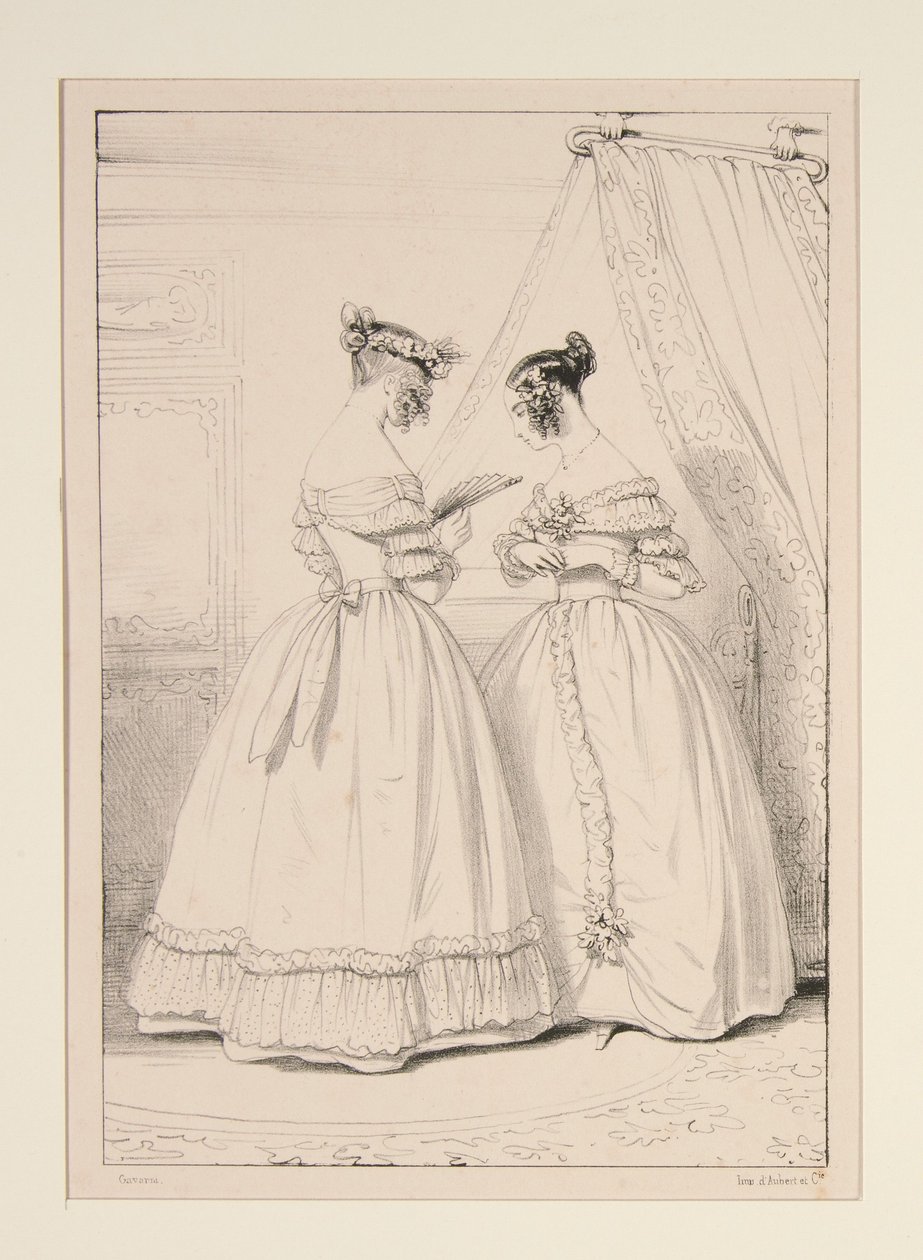 JANUARI 1838. Klänning i crepe med en volang av bouillonnetyll. av Paul Gavarni