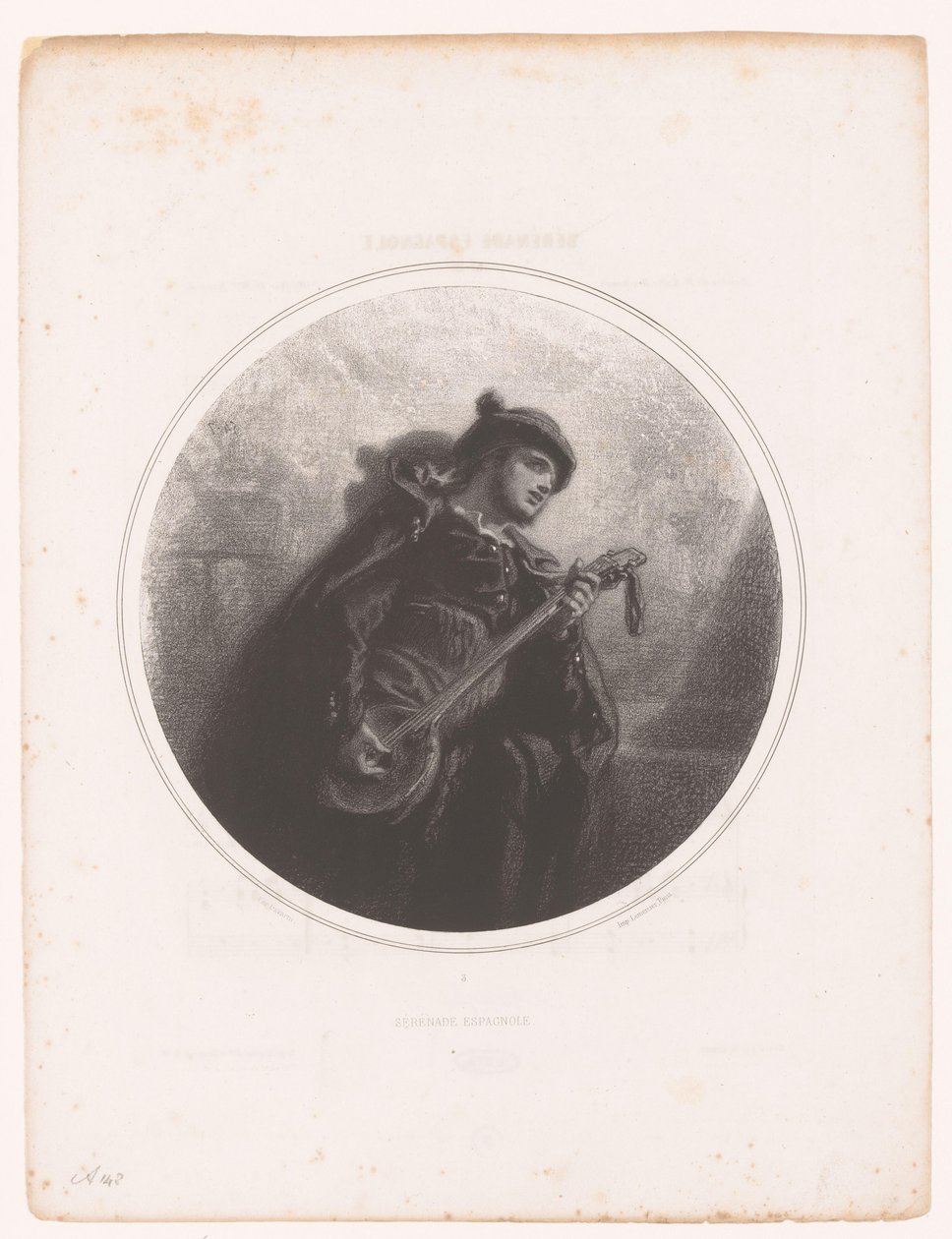 Man med banjo sjunger och spelar en serenad Serenade Espagnole (titel på objekt) Illustrationer till låtarna av Jeanne Gavarni (serietitel) Illustrations des Mélodies de Madame Jeanne Gavarni (serietitel) av Paul Gavarni