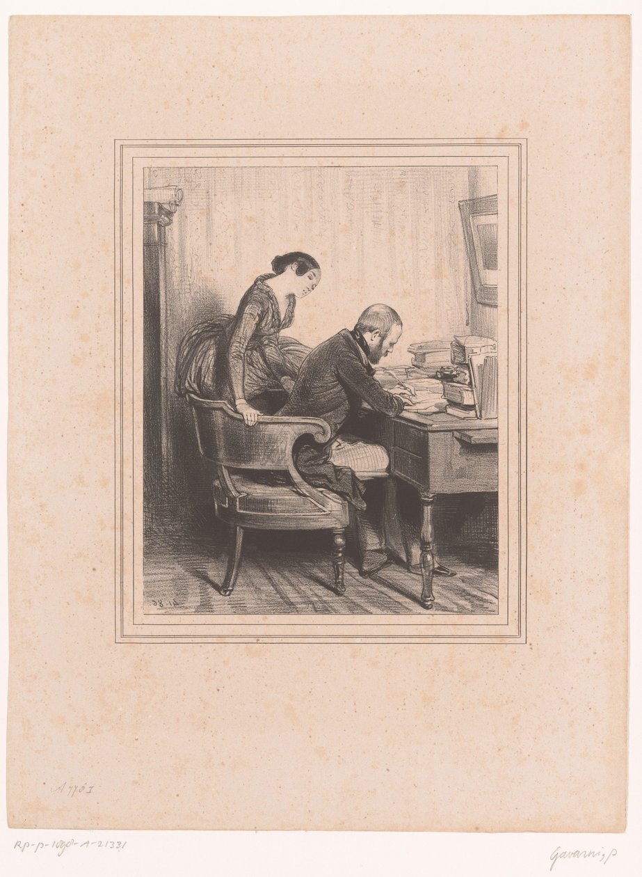 Maken skriver en lapp till sin fru Au premiärminister Janvier Prochain (...) Kvinnor från Notre-Dame-de-Lorette i Paris (serietitel) Les Lorettes (serietitel) av Paul Gavarni
