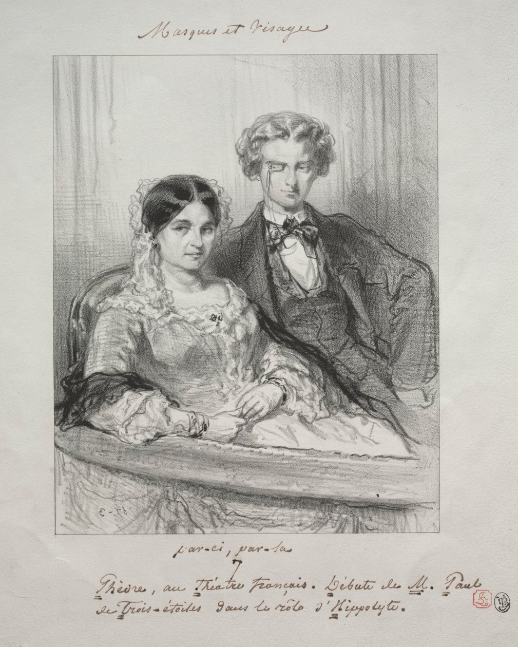 Masker och ansikten: Paric, par-la: Phèdre at the Théâtre-Francais..., 1857-1858. av Paul Gavarni