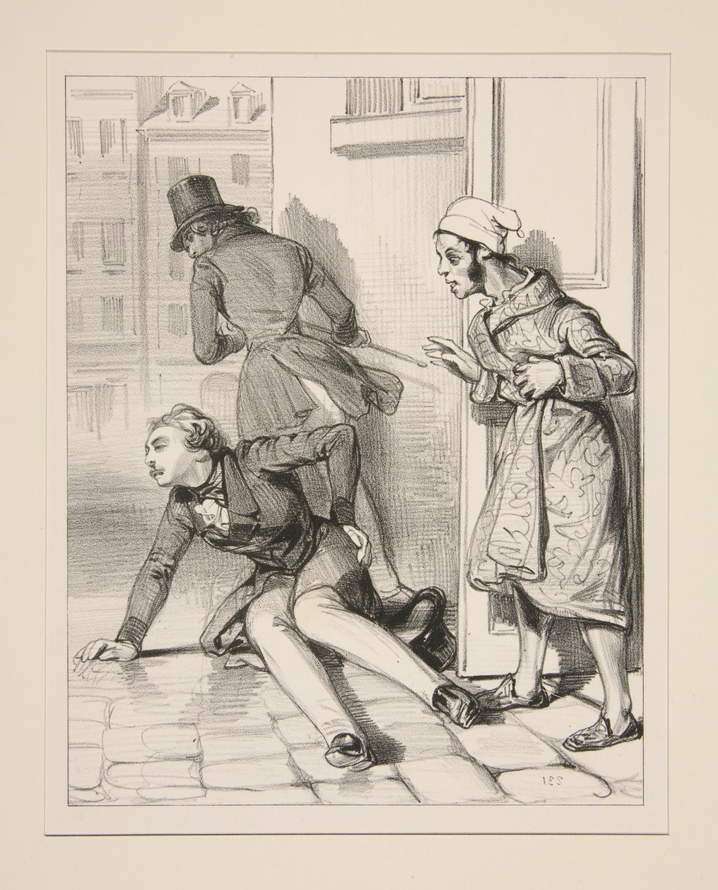 Herr Victor, som stod och slöade under ett visst fönster, fick en hel rad slag med käppen av herr Prosper. av Paul Gavarni
