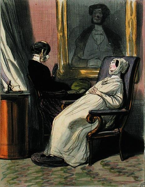 Gravid kvinna med sin mamma (färg litho) av Paul Gavarni
