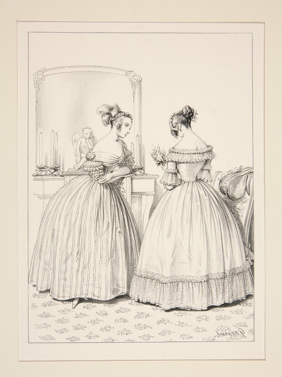 Strimmig velourklänning (Delisle, rue de Choiseul). ... av Paul Gavarni