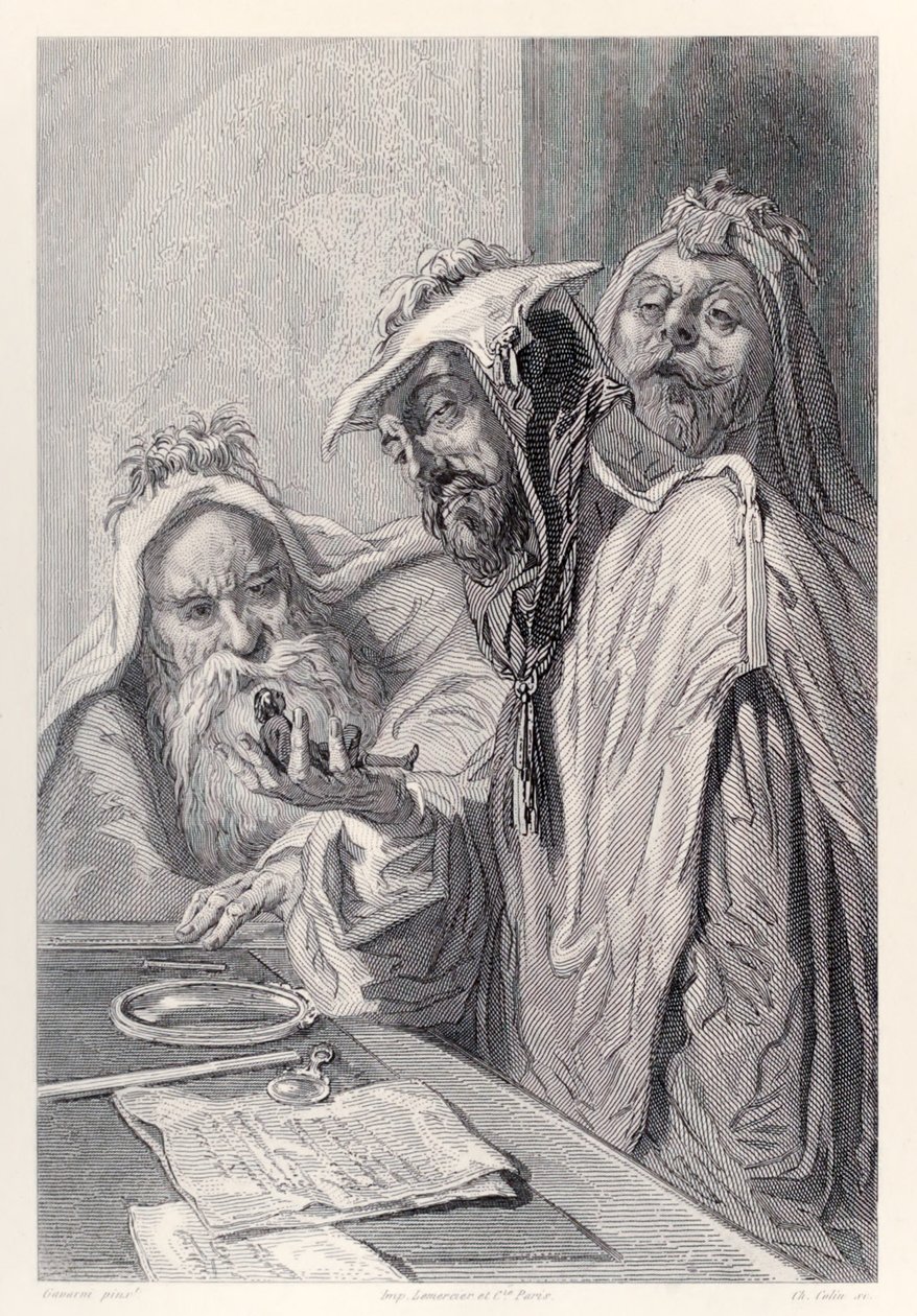 Forskarna från Lordbruldrud undersöker Gulliverf från franska upplagan av Gullivers Travels av Jonathan Swift av Paul Gavarni