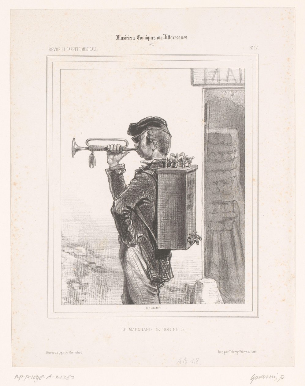 Säljare av kranar spelar trumpet Le marchand de robinets (titel på objekt) Komedimusiker (serietitel) Musiciens Comiques ou Pittoresques (serietitel på objekt) av Paul Gavarni