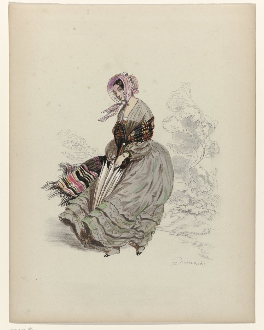 Kvinna som går i vinden med parasoll, 1840 av Paul Gavarni