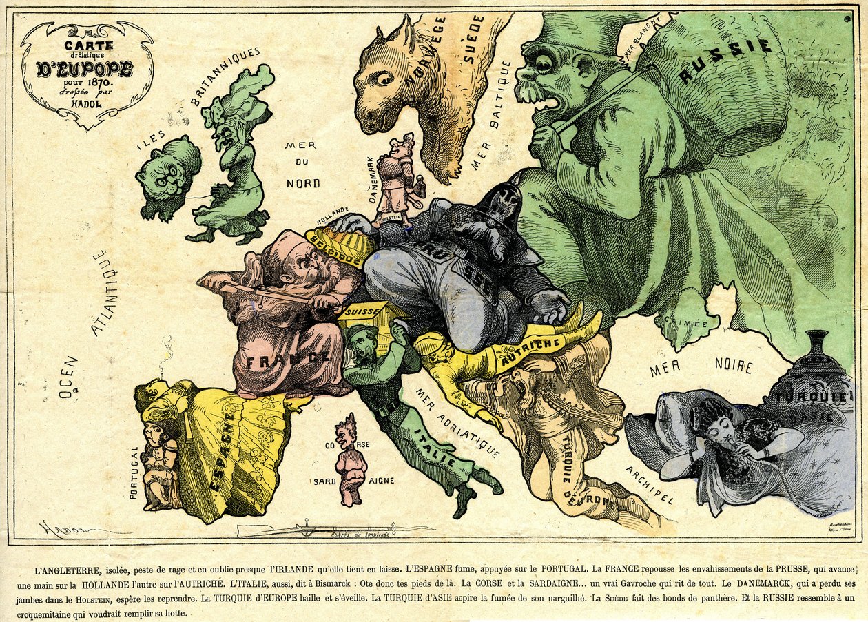 Drolatisk karta över Europa för 1870 av Paul Hadol