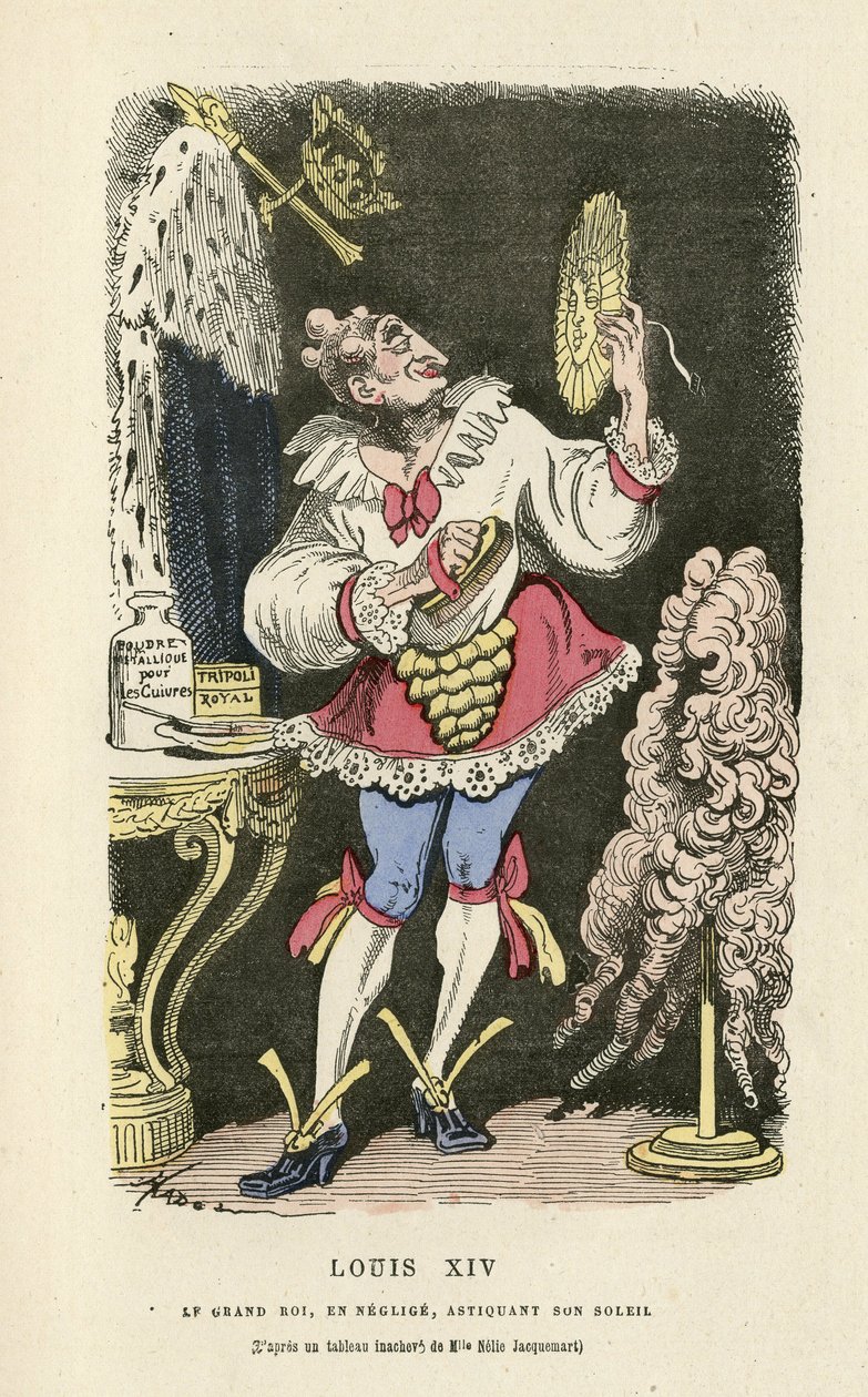 Illustration av Hadol (1835-1875) i Histoire de France tintamarresque, ca. 1880 - Smink, Gammal regim, Sol, Peruk - Ludvig XIV av Paul Hadol