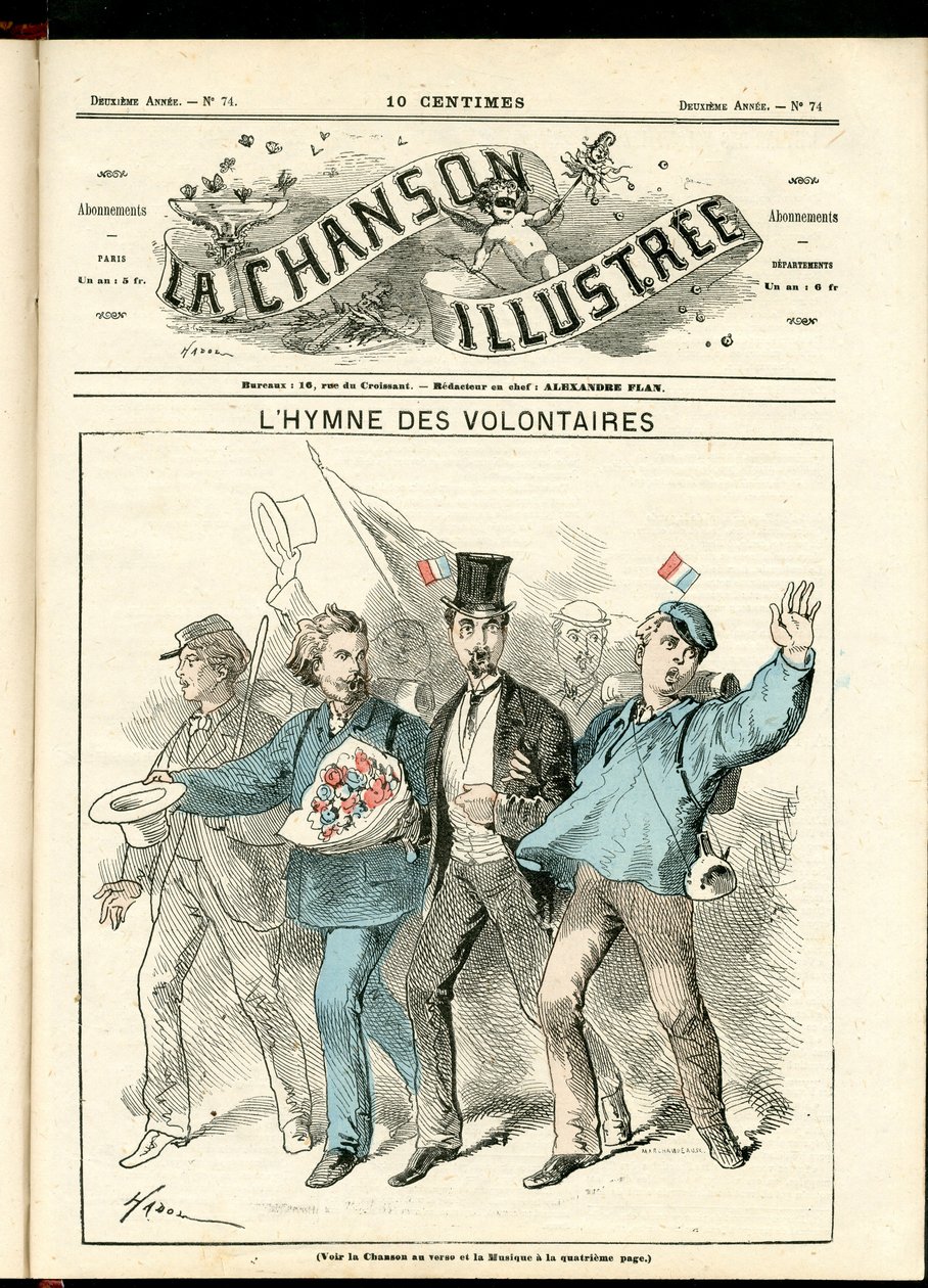 La Chanson illustrée (tidskrift), nummer 74, Satirical in Color, cirka 1870: Volontärernas hymn - Krig 1870-1871, Patriotism - Illustration av Hadol (1835-1875) av Paul Hadol
