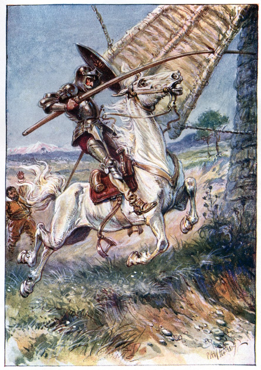 Och han kör sin lans i seglet, illustration från "The Adventures of Don Quixote", utgiven av G. Bell und Sons, Ltd., 1911. av Paul Hardy