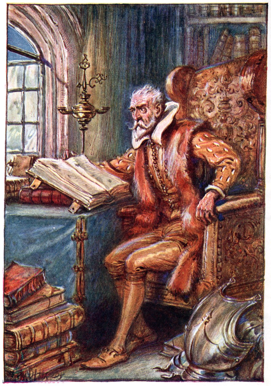 Han fördrev sin tid med att läsa böcker om riddarer, illustration från "The Adventures of Don Quixote", utgiven av G. Bell und Sons, Ltd., 1911. av Paul Hardy