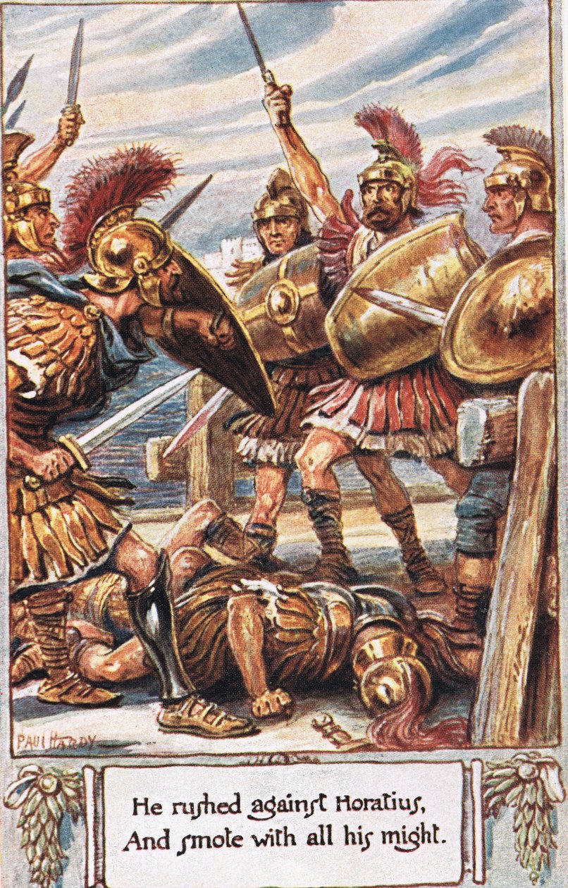 Han rusade mot Horatius och slog honom med all sin kraft, illustration från "The Lays of Ancient Rome", av Thomas Babington Macaulay av Paul Hardy