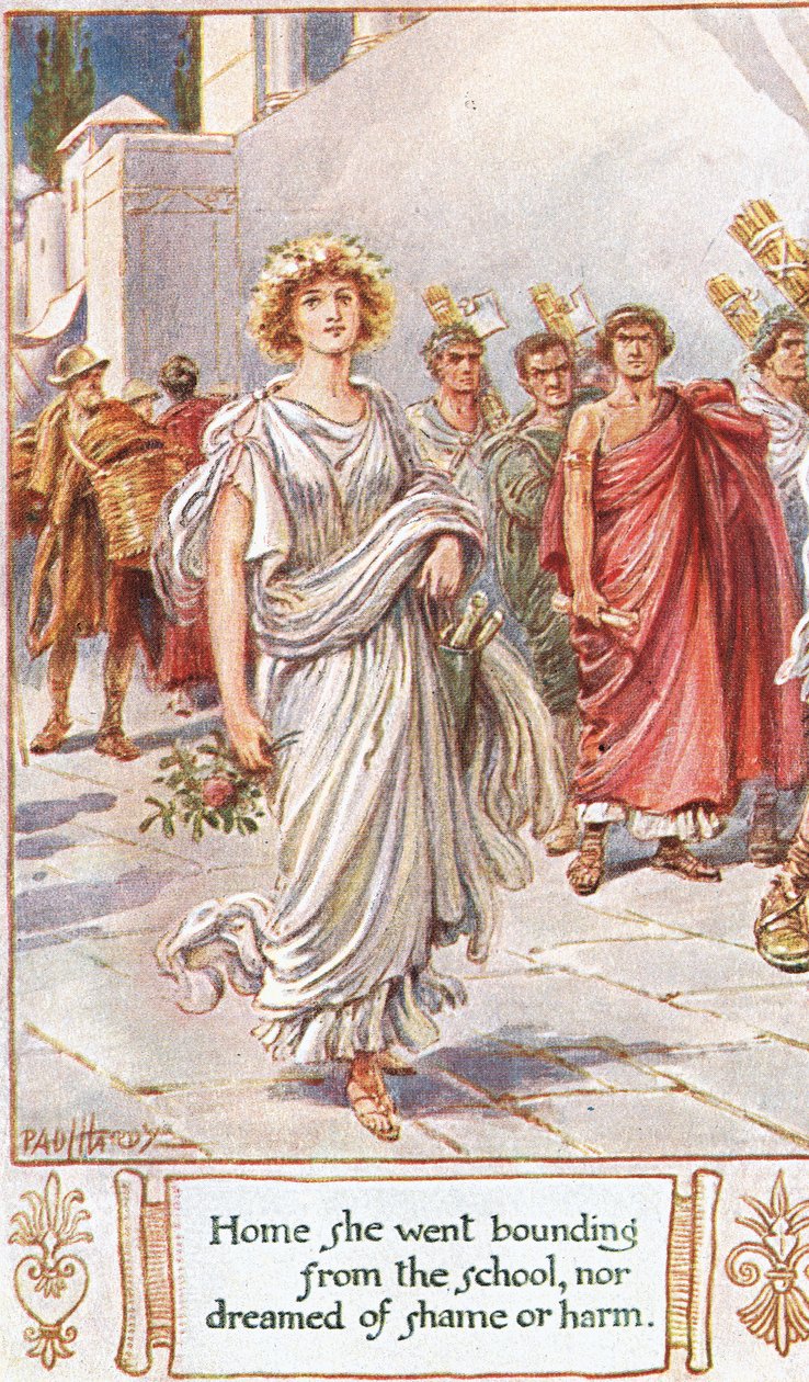 Hem gick hon, på väg från skolan eller drömde om skam eller skada, illustration från "The Lays of Ancient Rome", av Thomas Babington Macaulay av Paul Hardy