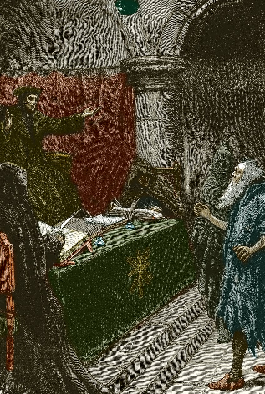 Inkvisition och utvisning av Spaniens judar: en spansk jude före storinkvisitorn runt 1492 vid tidpunkten för publiceringen av Alhambradekretet - Illustration av Paul Hardy 1891 spansk jude före storinkvisitorn av Paul Hardy