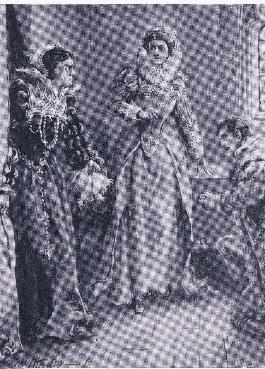 Drottning Mary Elizabeth och Courtenay Jag kommer att svara på den frågan ropade Mary som kastade åt sidan Arras, illustration från The Worlds Library of Best Books, ca 1940 av Paul Hardy
