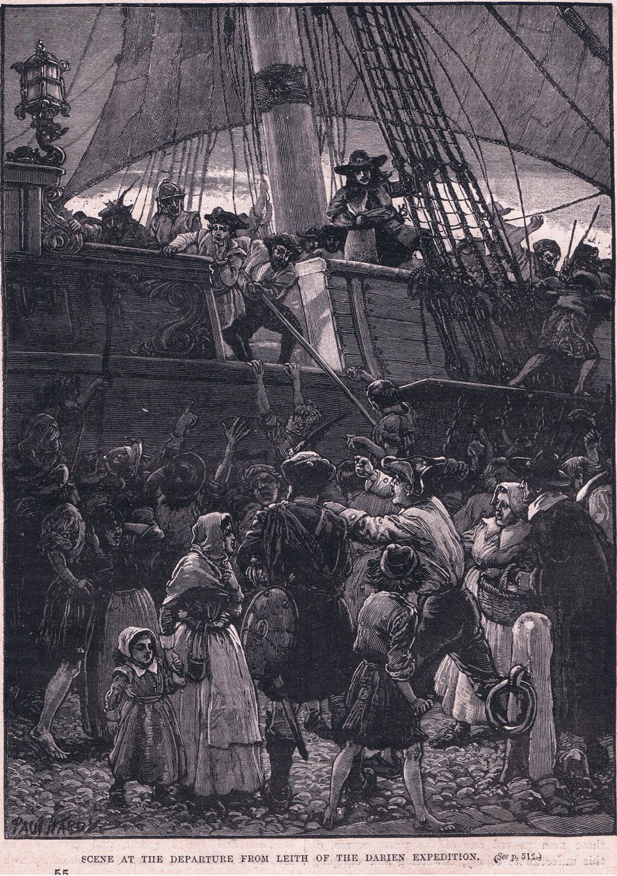 Scen för avgången från Leith av Darien-expeditionen AD 1698 (litho) av Paul Hardy