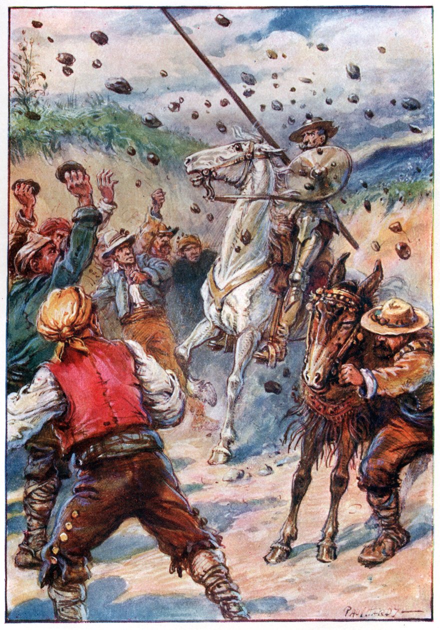De kastade Don Quixote med en dusch av stenar, illustration från "The Adventures of Don Quixote", publicerad av G. Bell & Sons, Ltd. av Paul Hardy