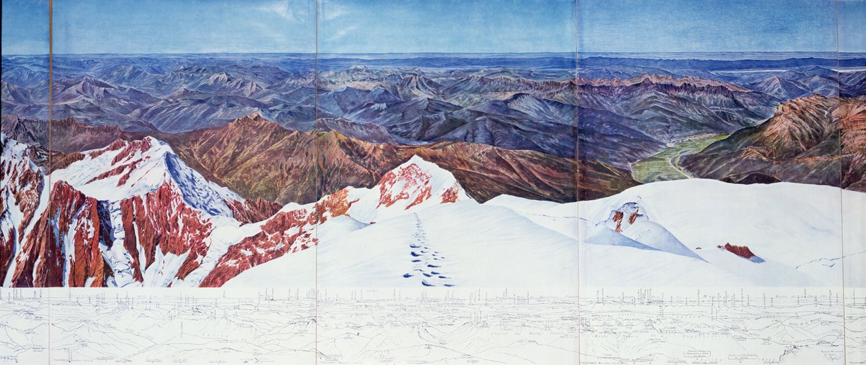Panoramautsikt över toppen av Pelvoux (sommet du Pelvoux) i Massif des Ecrins, franska alperna (fotogravyr) (se även 404290) av Paul Helbronner
