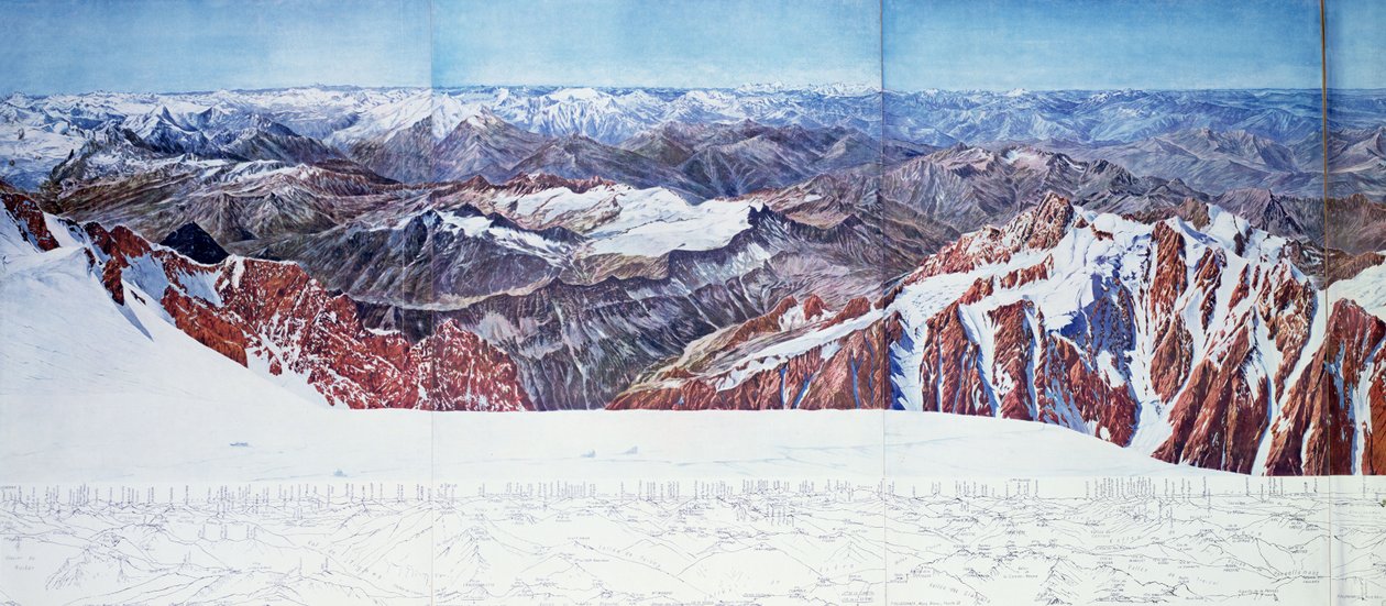 Panoramautsikt över toppen av Pelvoux (sommet du Pelvoux) i Massif des Ecrins, franska alperna (fotogravyr) (se även 404291) av Paul Helbronner