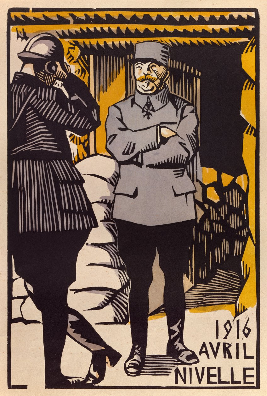 General Nivelles offensiv under slaget vid Verdun, april 1916 (träsnitt i färg) av Paul Hermann