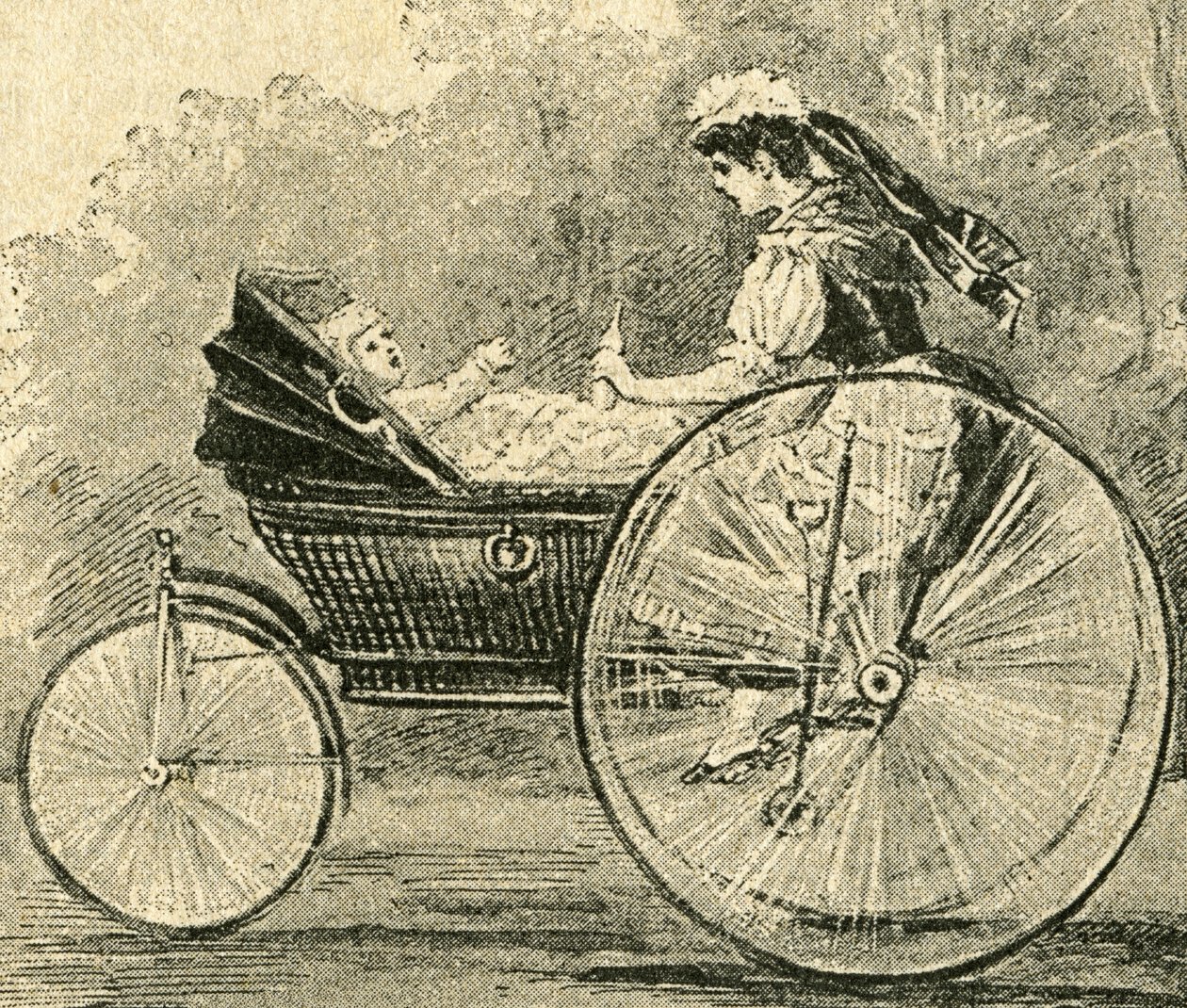 Kinder-Waerterin "" (barnflicka) , illustration av Paul Heydel, en sittvagn går som en cykel, från tidningen Ueber Land und Meer. tysk illustrerad tidning" av Paul Heydel