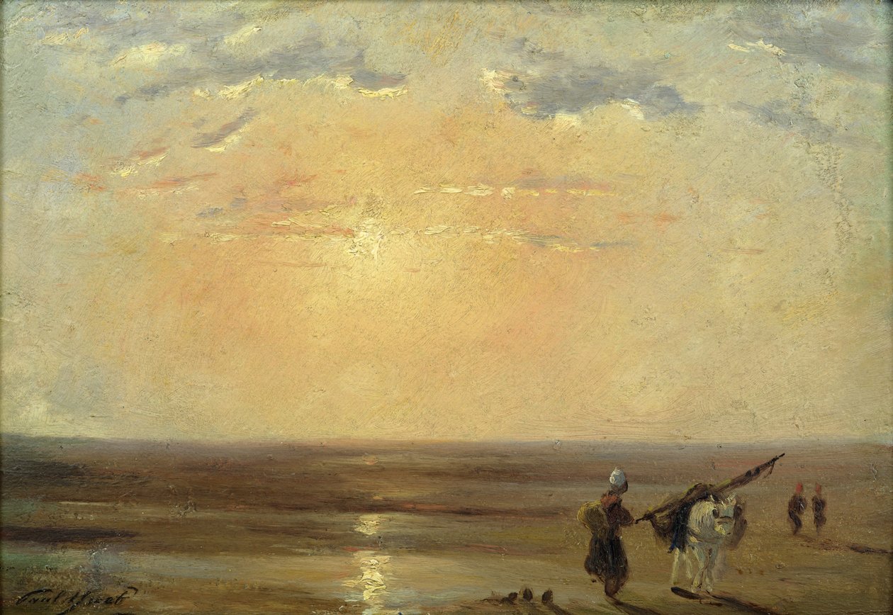 Stranden i Trouville med solnedgång av Paul Huet