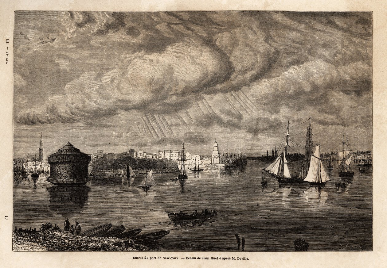 Ingången till New Yorks hamn, teckning av Paul Huet (1803-1869), för att illustrera resorna till Nordamerika 1854-1855, av L. Deville. Gravyr i ”” Le tour du monde”” 1861. Selvas samling. av Paul Huet