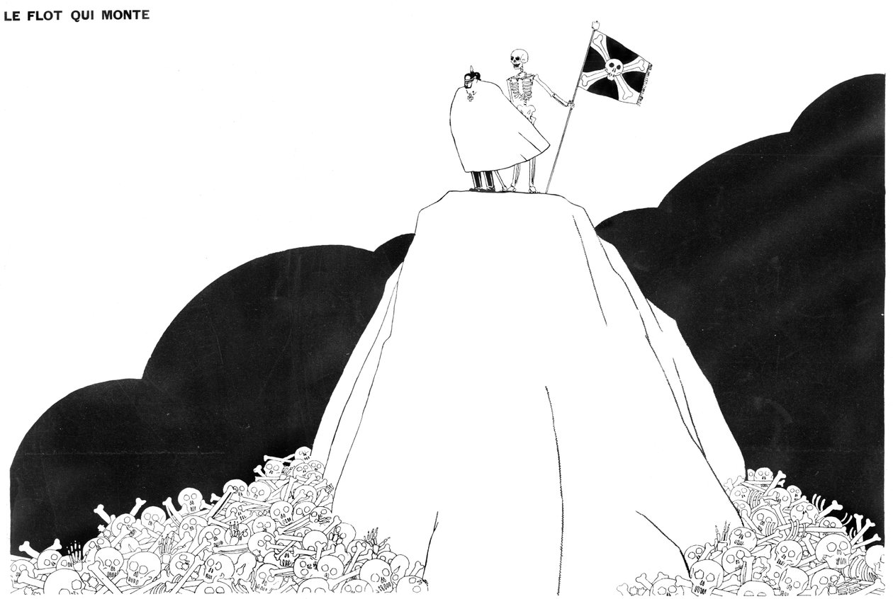 Död som visar det ständigt ökande berget av mänskliga skallar och ben till Kaiser Wilhelm, 13 april 1916 av Paul Iribe