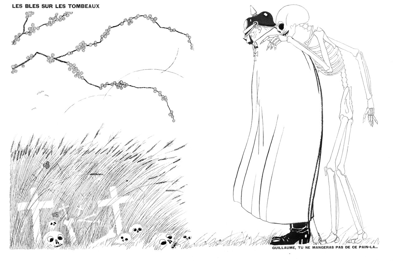 Döden säger till kejsar Wilhelm att han aldrig kommer att äta bröd som är tillverkat av vete som odlats på franska soldaters lik och gravar, 13 april 1916. av Paul Iribe