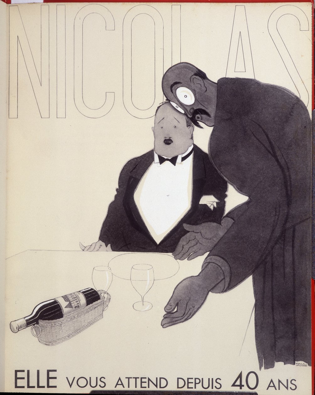 Hon har väntat på dig i 40 år. Servitören på en restaurang tilltalar en kund genom att designa en flaska vin. - reklam för Nicolas, teckning av Paul Iribe (1883-1935) av Paul Iribe