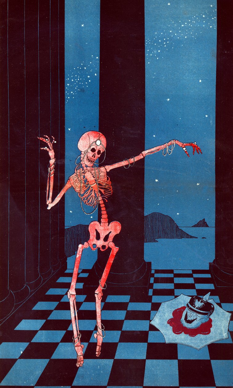 Skelettet av Salome som dansar bredvid Kaiser Wilhelms huvud liggande i en blodpöl på en tallrik, 13 april 1916 av Paul Iribe