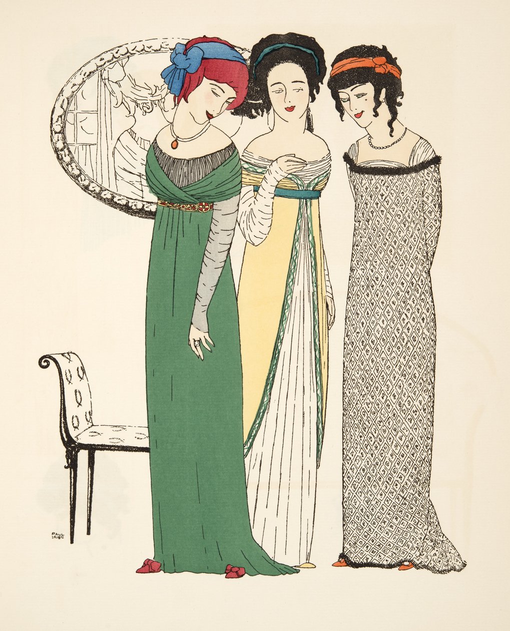 Tre aftonklänningar från puben Les Robes de Paul Poiret. 1908 (stenciltryck) av Paul Iribe