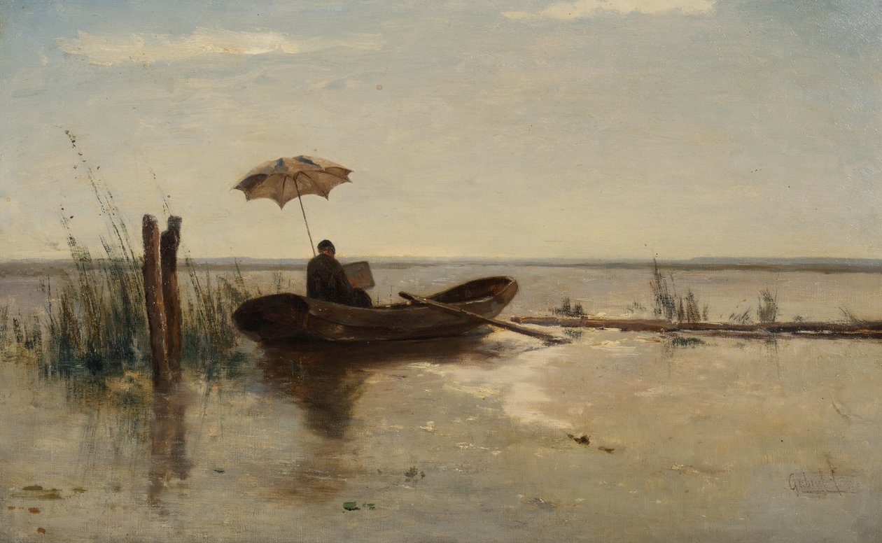 En målare, möjligen konstnären W.B. Tholen, på jobbet i en tippare en solig dag (olja på duk) av Paul Joseph Constantin Gabriel